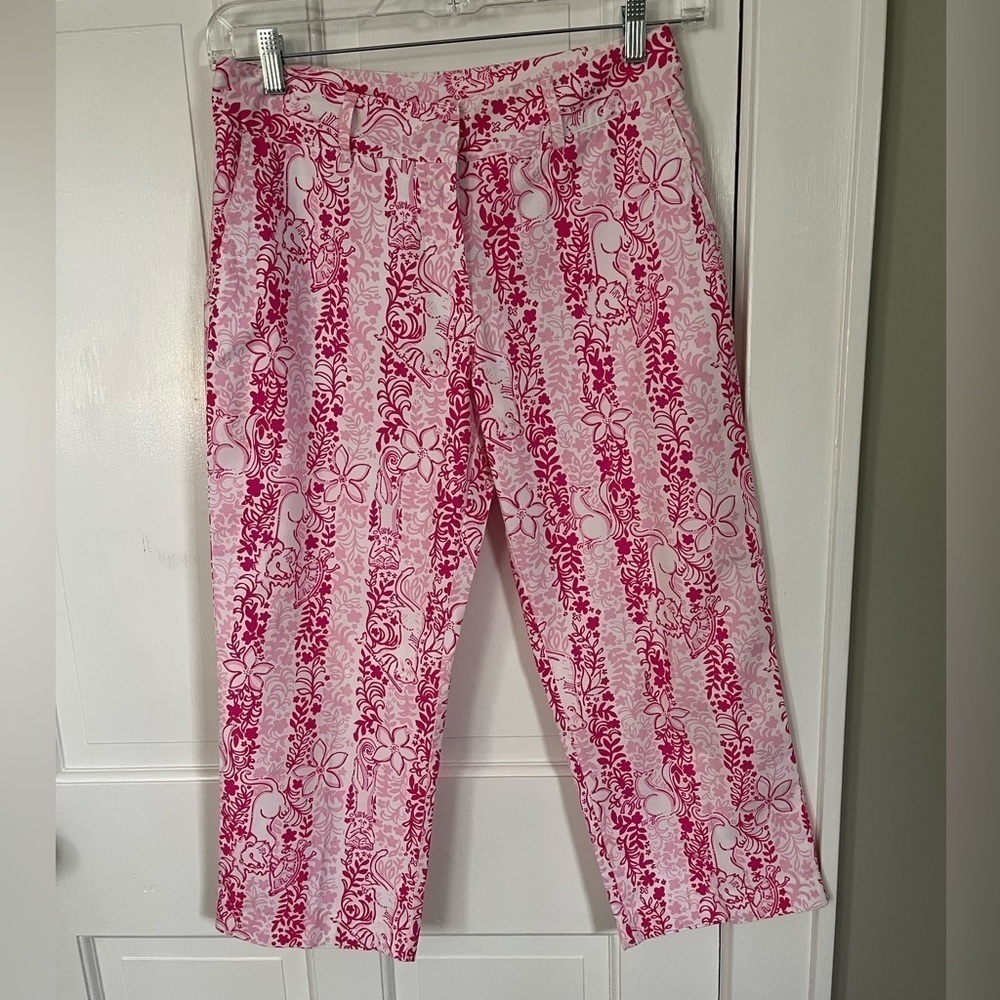 Lilly Pulitzer Liza Cropped Pants in Boardwalk Cafe Pink White Floral Animal 8